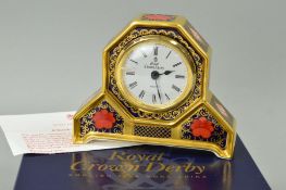 A BOXED ROYAL CROWN DERBY OLD IMARI DESK CLOCK, '1128' gold banded pattern, height 10.5cm (glass