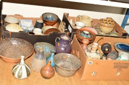 THREE BOXES AND LOOSE STONEWARE AND STUDIO POTTERY to include bowls, vases, bottles, jugs, tyg, etc