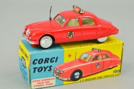A BOXED CORGI TOYS JAGUAR 2.4 FIRE SERVICE CAR, No.213S, appears complete and in very lightly