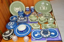 A GROUP OF WEDGWOOD JASPERWARES etc to include two glass paperweights, black trinkets, green