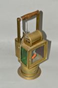 A FRENCH BRASS THREE ASPECT RAILWAY LAMP, plaque marked Arras to front, height approximately 34cm,