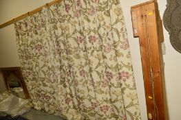 FOUR LENGTHS OF CURTAINS, cream ground with foliate and flower detail, marked Montgomery interior