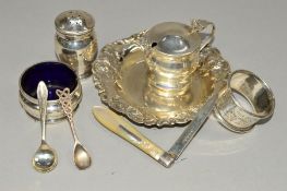 A SMALL PARCEL OF SILVER AND PLATE to include a three piece cruet, a silver napkin ring, a folding