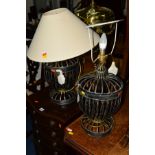 A PAIR OF WROUGHT IRON TABLE LAMPS (one with a shade)