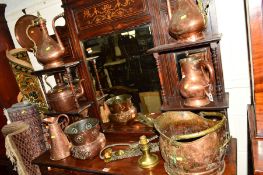A QUANTITY OF BRASS AND COPPER MISCELLANEOUS to include a pair of Continental water jugs, kettles,