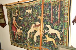 AN EARLY 20TH CENTURY WALL TAPESTRY of a woodland hunting scene, 166cm x height 125cm, together with