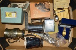 A BOX OF BOXED AND LOOSE PEWTER AND PLATED TANKARDS, Seiko gents duo display wrist watch, small