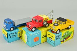 THREE BOXED CORGI TOYS, Land-Rover, No.406, version with yellow body and black roof has had a set of