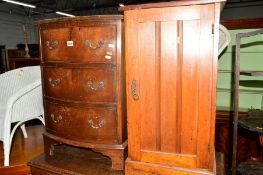 A REPRODUCTION MAHOGANY BOWFRONT CHEST of three drawers and an Edwardian satinwood pot cupboard (2)