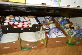 NINE BOXES AND LOOSE TABLEWARE ITEMS, to include blue and white plates, storage jars, Minster