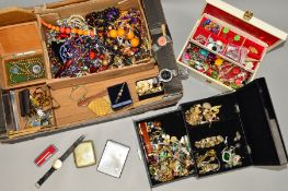 A BOX OF MAINLY COSTUME JEWELLERY AND TWO JEWELLERY BOXES OF JEWELLERY to include a tiger's eye