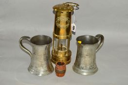 AN E. THOMAS & WILLIAMS OF ABERDARE CAMBRIAN MINERS LAMP, No.27191, two pewter tankards and a