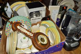 TWO BOXES AND LOOSE CERAMICS, BAROMETER, DESK LAMP, etc to include 'Villeroy & Boch' dinnerware, a