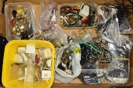 A BOX OF MAINLY COSTUME JEWELLERY to include necklaces, brooches, watches, rings, bangles, earrings,