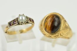 TWO RINGS to include a 9ct gold signet ring set with a tiger's eye cabochon, with 9ct hallmark for