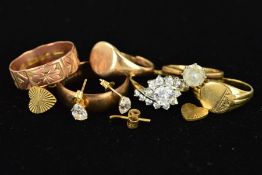 SIX 9CT GOLD RINGS AND TWO PAIRS OF STUD EARRINGS, the rings include two signet rings, two band