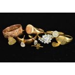 SIX 9CT GOLD RINGS AND TWO PAIRS OF STUD EARRINGS, the rings include two signet rings, two band