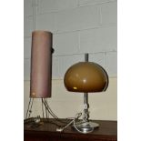 A 1960'S/70'S GUZZINI STYLE LAMP with mushroom colour shade and a sputnik style rocket lamp on a