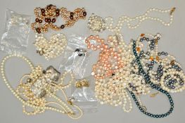 A SMALL BOX OF MAINLY FRESHWATER CULTURED PEARL JEWELLERY, to include bracelets, necklaces, dyed