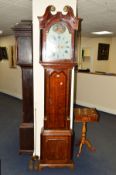 A GEORGE III OAK AND MAHOGANY BANDED EIGHT DAY LONGCASE CLOCK, the hood with swan neck pediment
