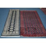 A 20TH CENTURY YOMUT RUG, red and blue ground, 181cm x 103cm, together with modern rug (2)