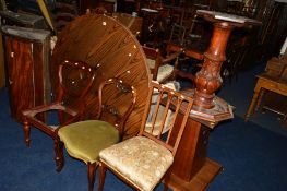 A SET OF FOUR VICTORIAN WALNUT BALLOON BACK CHAIRS with orange overstuffed upholstery (one damaged