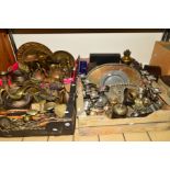 FOUR BOXES OF METALWARE, etc, to include horse brasses, oil lamp base, candelabras, trays,