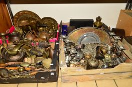 FOUR BOXES OF METALWARE, etc, to include horse brasses, oil lamp base, candelabras, trays,