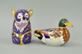 TWO ROYAL CROWN DERBY PAPERWEIGHTS, 'Koala', gold stopper and 'Mallard Duck', silver stopper (