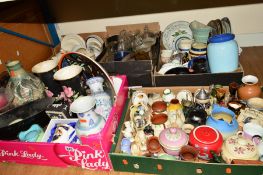 FIVE BOXES OF CERAMICS AND GLASSWARES, to include Poole bowl (reglued), Denby jug etc