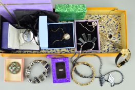 A SMALL BOX OF COSTUME JEWELLERY to include a Wedgwood pendant with maker's case, a marcasite and