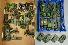 A QUANTITY OF UNBOXED AND ASSORTED PLAYWORN DINKY, BRITAINS AND OTHER DIECAST MILITARY MODELS,