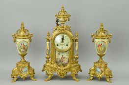 A FRENCH STYLE CLOCK GARNITURE, the clock with movement by Franz Hermle, Germany, striking on a