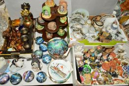 THREE BOXES AND LOOSE ORNAMENTS, COLLECTORS PLATES, SUNDRY ITEMS, ETC, to include eight Danbury Mint