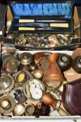 TWO BOXES OF METALWARES, including a pair of bronzed Japanese vases, assorted cutlery and