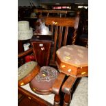 A GEORGIAN MAHOGANY AND SATINWOOD BANDED CANDLE BOX, together with three various needlework