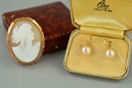 A CAMEO BROOCH AND A PAIR OF CIRO EARRINGS, the brooch of oval outline depicting the goddess Diana