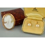 A CAMEO BROOCH AND A PAIR OF CIRO EARRINGS, the brooch of oval outline depicting the goddess Diana