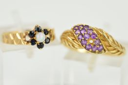 TWO MODERN 9CT GOLD DRESS RINGS to include an amethyst (one stone deficient) and opal and sapphire