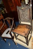 A GEORGIAN CARVED OAK HALL CHAIR and another Georgian carver chair (sd) (2)