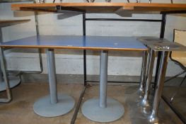 TWO ALLERMUIR RECTANGULAR DINING TABLE with a blue formica top, width 120cm x depth 74.5cm x