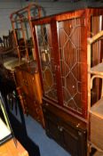 A MAHOGANY TWO DOOR CHINA CABINET, a walnut tall boy and an oak two door cabinet (3)
