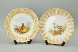 TWO ROYAL WORCESTER VITREOUS CABINET PLATES, Grouse design, brown factory mark and Rd No164677 and