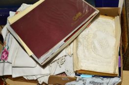 BOXED CASH'S CLASSIC COLLECTION SILK PICTURES, a box of linen and lace and a roll of John Wilman