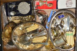 A BOX OF SILVER PLATE, flatware, silver napkin ring and silver salt, plated entree dish etc