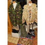 A COLLECTION OF ARMY UNIFORMS, BOOTS, etc to include a green canvas army issue bag, two pairs of