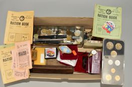 A SELECTION OF ITEMS to include a cased Stratton compact and lip view set, coins, two ration