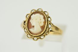 A LATE 20TH CENTURY 9CT GOLD CAMEO RING, an oval shell cameo measuring approximately 11mm x 9mm,