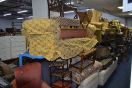 A EDWARDIAN MAHOGANY DUET FOOTSTOOL, a low wicker blanket chest, an oak cane seat duet stool,