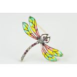 A PLIQUE-A-JOUR AND GEM DRAGONFLY BROOCH/PENDANT, the green, yellow and red plique-a-jour enamel